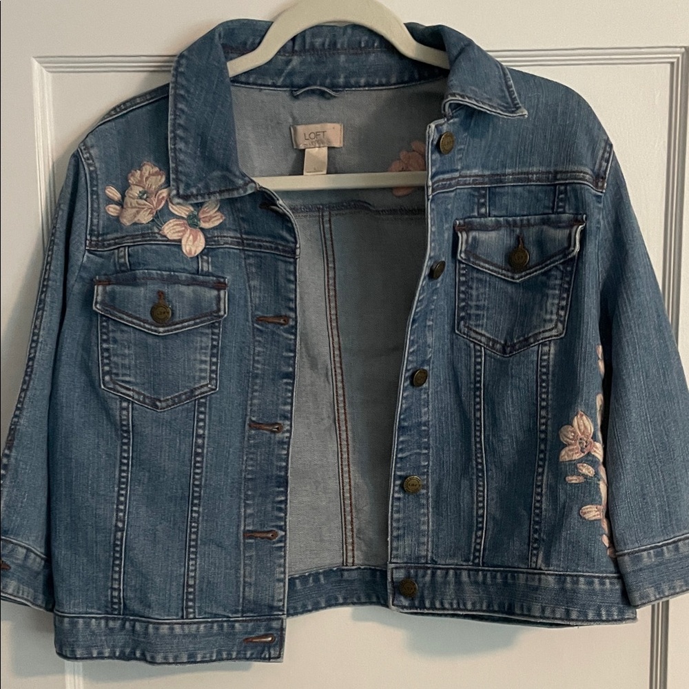 LOFT Blue Denim Jacket with Pink Floral Details